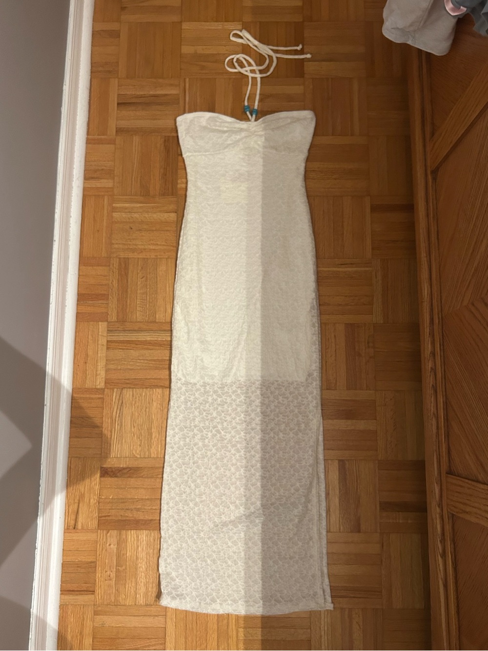 See You Monday Cream Strapless Maxi Dress with Halter Tie